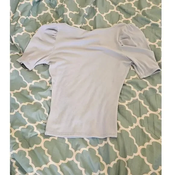 Alya Francesca’s Ribbed Puff Sleeve Scoop Neck Top Blue Size Small - Picture 9 of 9